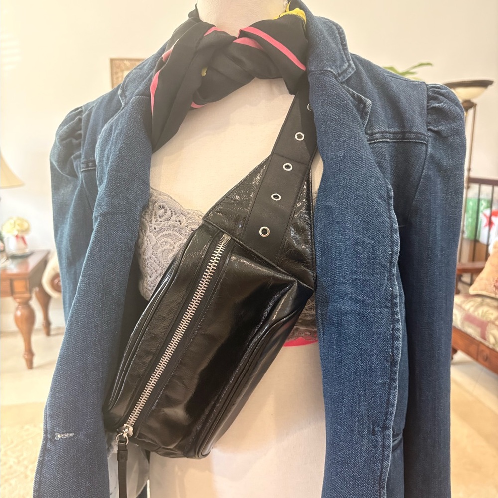AllSaints Black Patent Leather Zip Belt Bag